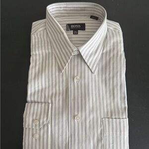 Hugo Boss Men's White and Gray Striped Dress Shirt